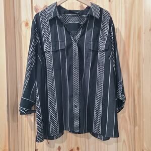 Maggie Barnes Black White Stripe Polka Dot Button Up Top Roll Tab Sleeve Size 3X